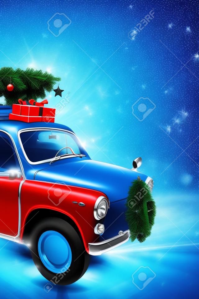 Carro retro azul com árvore de Natal no telhado interior