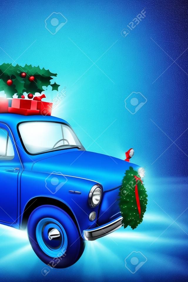 Blue retro car with christmas tree on the roof indoor