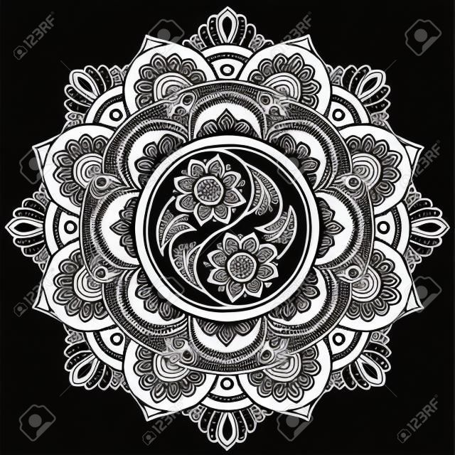 Henna tetoválás mandala. Yin-yang dekoratív szimbólum. Mehndi stílus. Mehndi stílus. Dekoratív minta keleti stílusban. Kifestőkönyv oldal.
