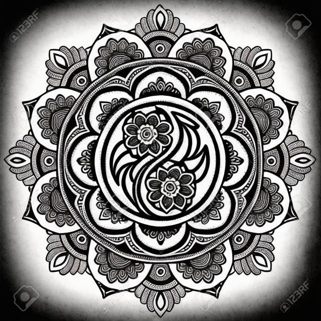 Mandala del tatoo del hennè. Simbolo decorativo di Yin-yang. Stile Mehndi. Stile Mehndi. Motivo decorativo in stile orientale. Pagina del libro da colorare.