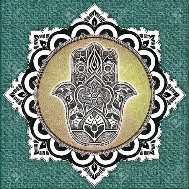 Símbolo dibujado mano de Hamsa en mandala. Mehndi estilo. Patrón decorativo en estilo oriental. Para tatuajes de henna, y documentos de diseño decorativo y locales.