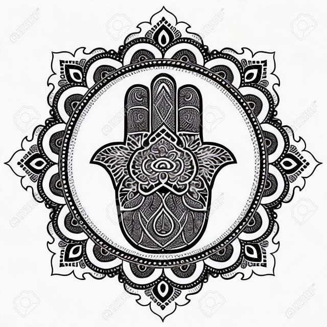 Хамса нарисовал символ в мандале. Менди. Декоративный узор в восточном стиле. Для татуировок хной, декоративных дизайнерских документов и помещений.