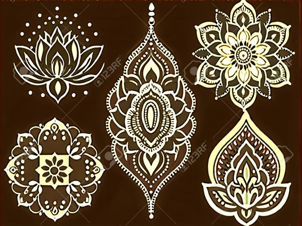 Big set of Mehndi flower pattern, lotus and mandala for Henna drawing and tattoo. Decoration in ethnic oriental, Indian style.