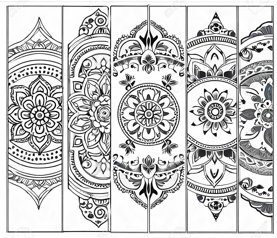 Marcador imprimible para libro - colorear. Conjunto de etiquetas en blanco y negro con motivos florales, dibujo a mano en estilo mehndi. Boceto de adornos para la creatividad de niños y adultos con lápices de colores.