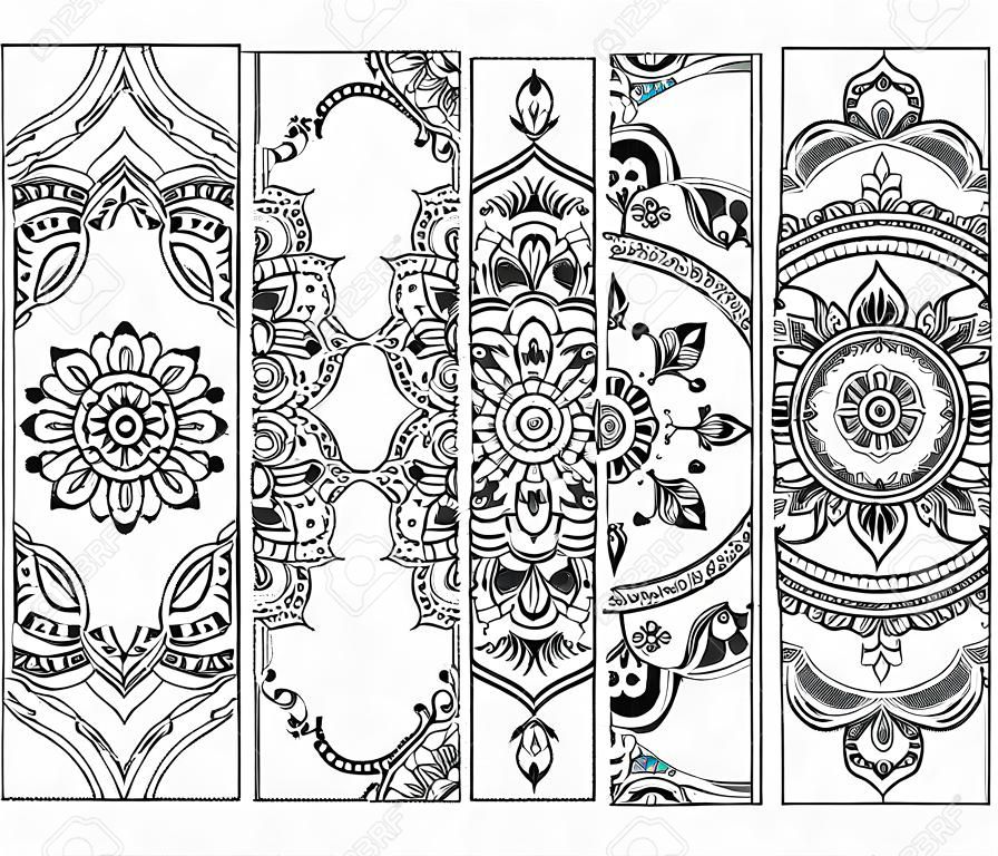 Printbare bladwijzer voor boek - kleuren. Set van zwarte en witte etiketten met bloem patronen, hand tekenen in mehndi stijl. Schets van ornamenten voor de creativiteit van kinderen en volwassenen met gekleurde potloden.
