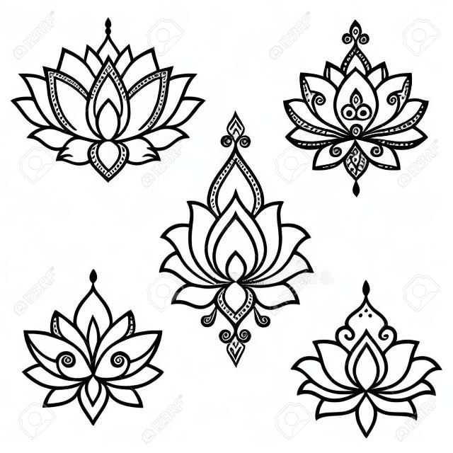 Conjunto de patrón de flor de loto mehndi para dibujo y tatuaje de henna. Decoración en estilo oriental, indio. Adorno de Doodle. Ilustración de vector de dibujo a mano de contorno.