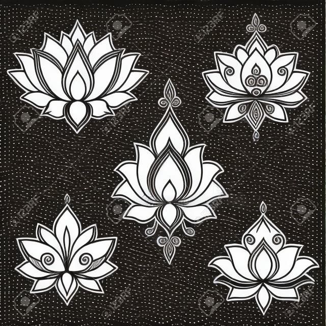 ヘナの描画と入れ墨のための蓮のmehndi花のパターンのセット。東洋、インド風の装飾。落書き装飾品。アウトラインの手描きベクトルのイラスト。