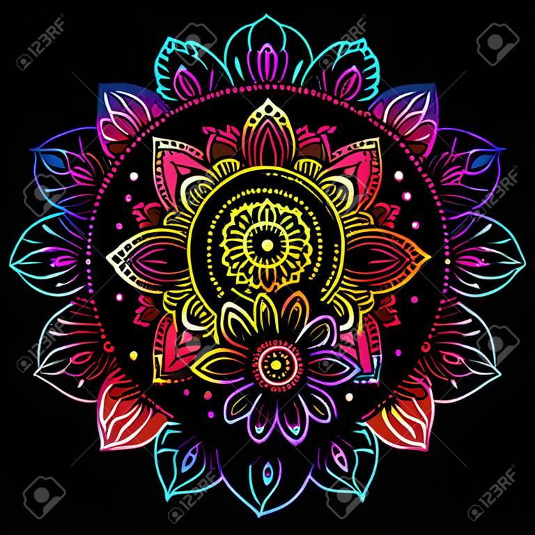 Patrón circular en forma de mandala con flor para Henna, Mehndi, tatuaje, decoración. Adorno decorativo en estilo étnico oriental. Patrón de arco iris sobre fondo negro.
