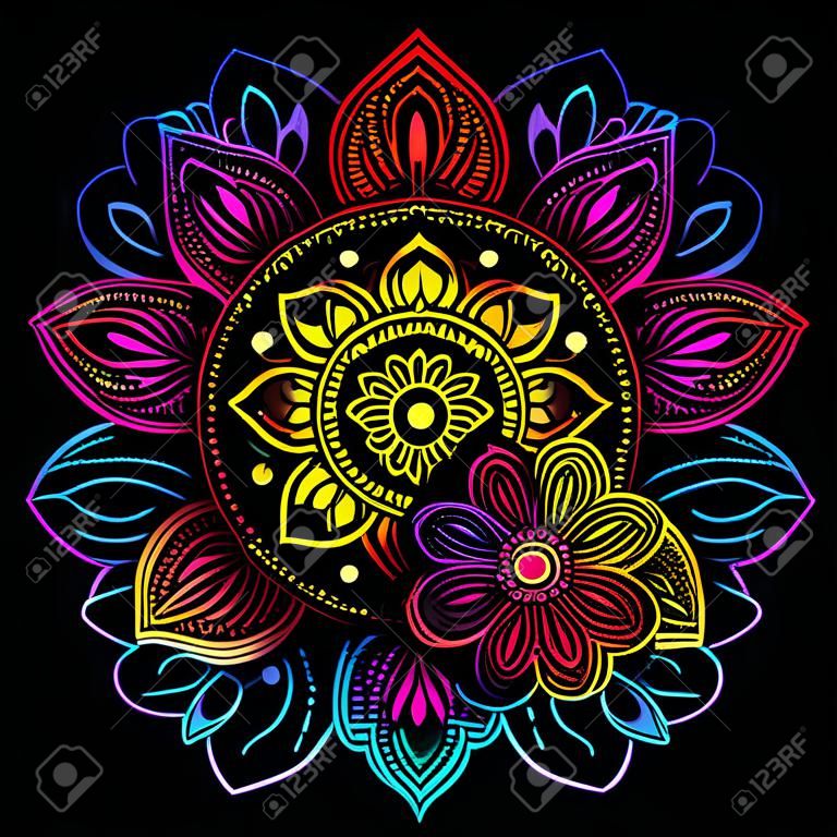Patrón circular en forma de mandala con flor para Henna, Mehndi, tatuaje, decoración. Adorno decorativo en estilo étnico oriental. Patrón de arco iris sobre fondo negro.