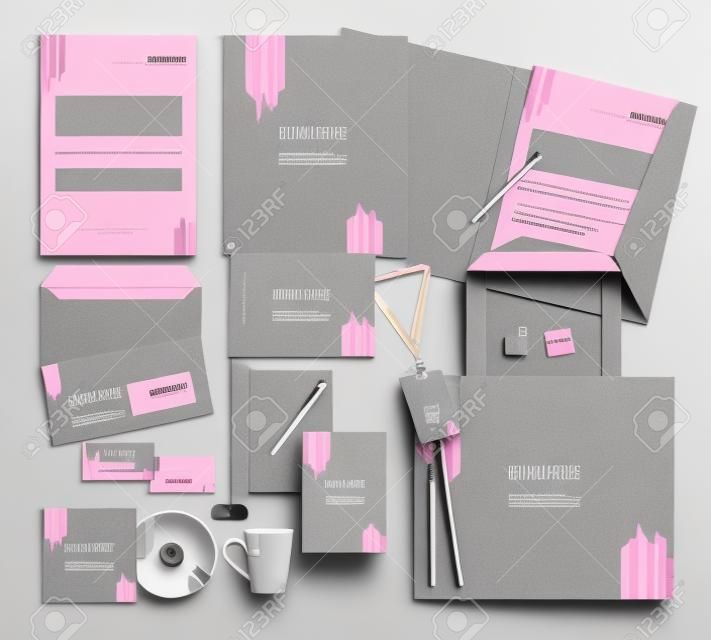 Corporate design tożsamości szablon z szarym i różowym kolorze. Biznes ustawić papeterię.