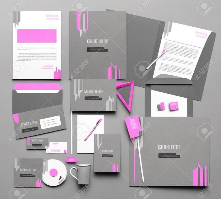 Corporate design tożsamości szablon z szarym i różowym kolorze. Biznes ustawić papeterię.