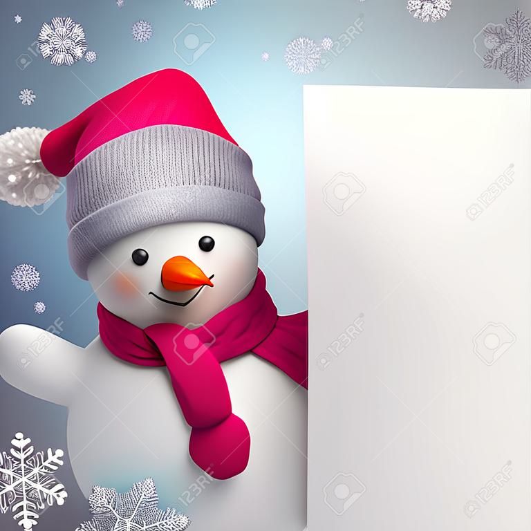 Voeux de Noël bannière, 3d bonhomme de neige tenant page blanche