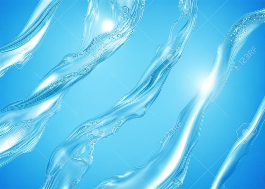 3d realistic water jets set, aqua, clear liquid isolated on white background
