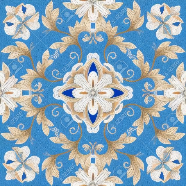 patrón abstracto sin fisuras floral, azul gzhel ornamento blanco