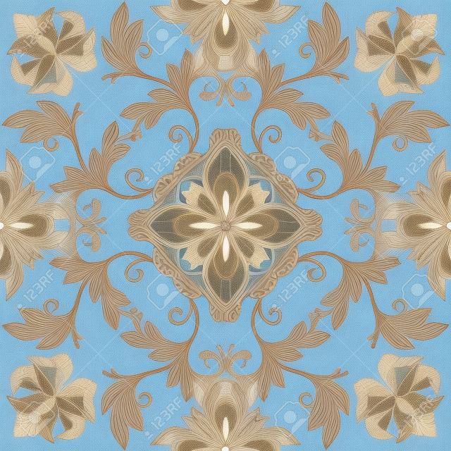 abstract seamless pattern floral, bleu ornement gzhel blanc