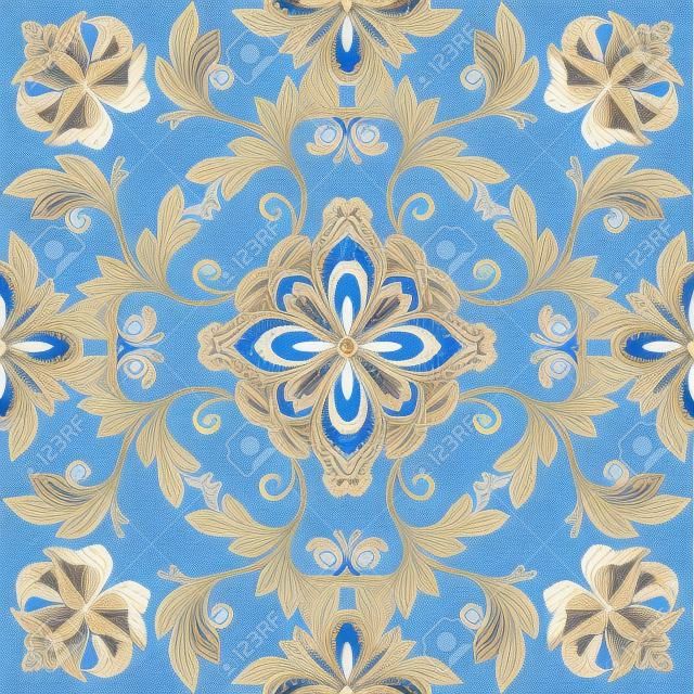 抽象的な花のシームレスなパターン、青白の gzhel 飾り