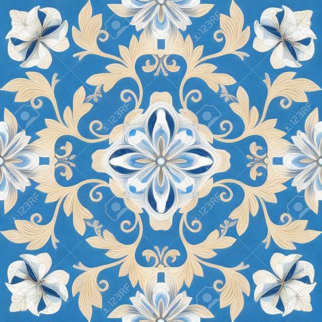 abstract seamless pattern floral, bleu ornement gzhel blanc