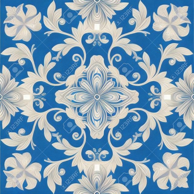 추상 꽃 원활한 패턴, 파랑, 흰색 gzhel 장식