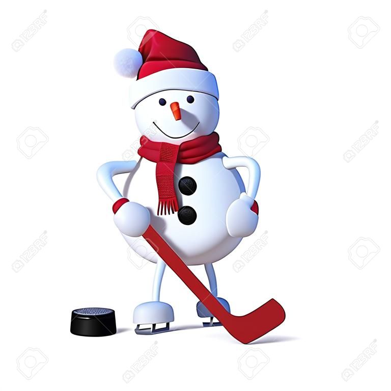 muñeco de nieve jugando hockey sobre hielo, deportes de invierno, ilustración 3d, aislado clip art