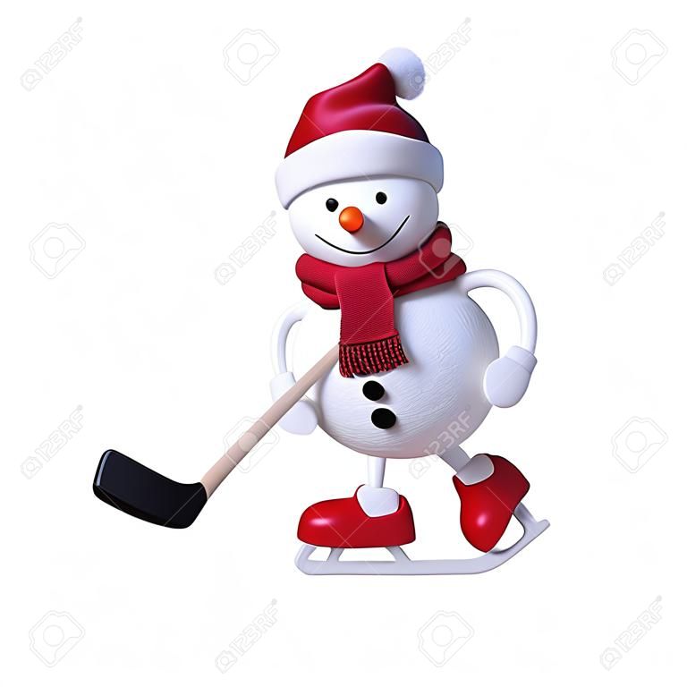 снеговик играть хоккей, зимние виды спорта, 3D иллюстрации, изолированных клипа