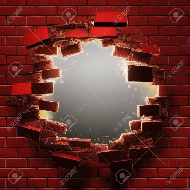 3d render, 3d illustration, explosion, cracked brick wall, bullet hole, destruction, abstract background