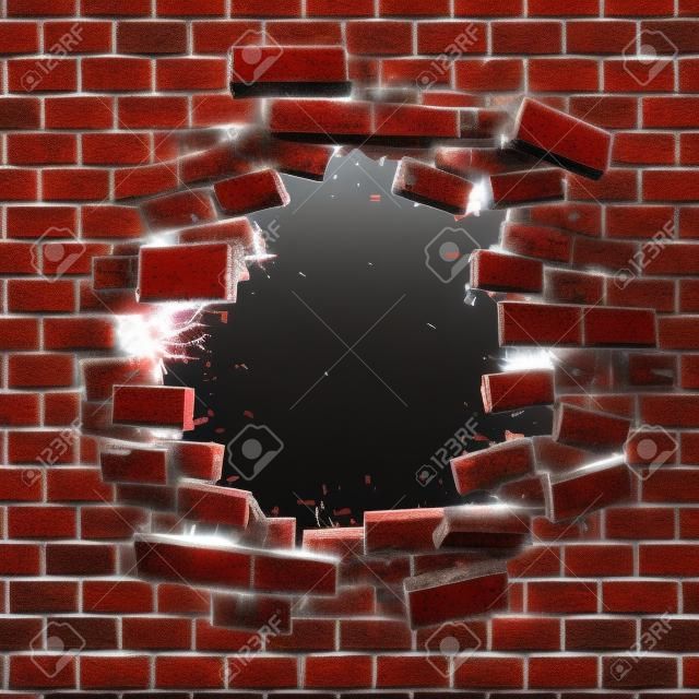 3d render, illustration, explosion, cracked red brick wall, bullet hole, destruction, abstract background