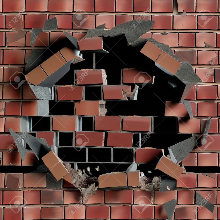 3d red broken brick wall background, hole isolated