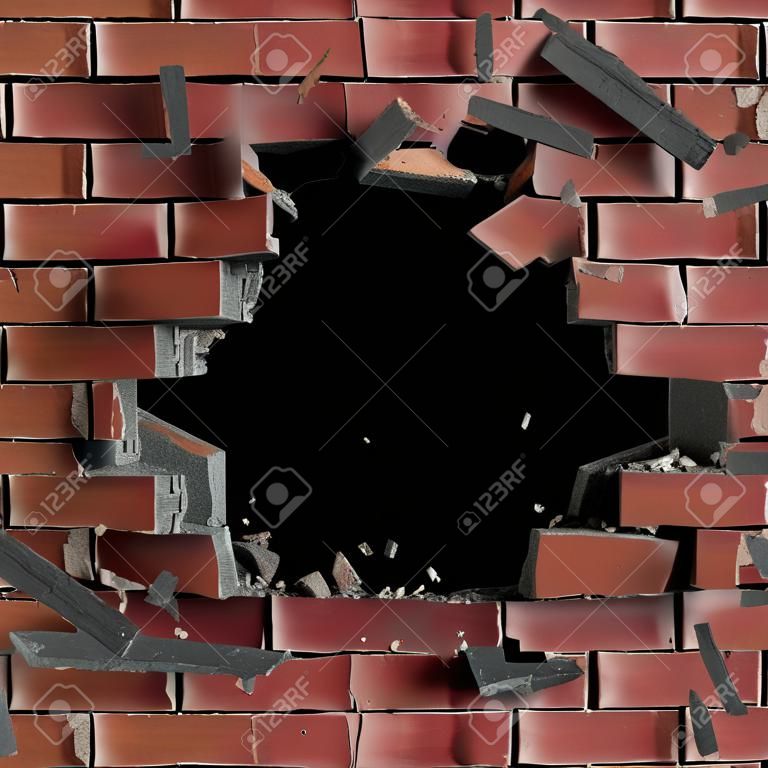 3d red broken brick wall background, hole isolated