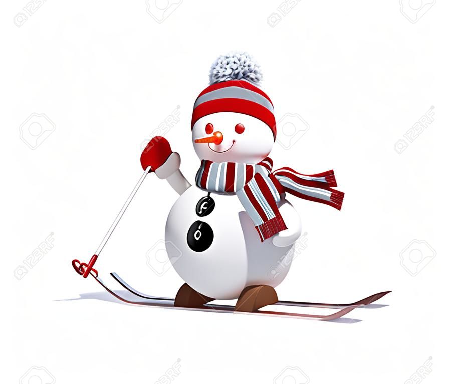 3d render, digital illustration, funny snowman skiing, clip art isolated on white background