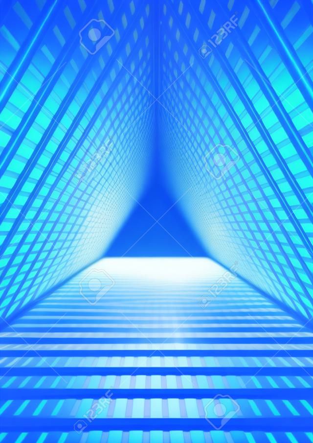 3D render, blaue Neon-Lichter, blauer Dreieck-Tunnel, abstrakte geometrische Hintergrund