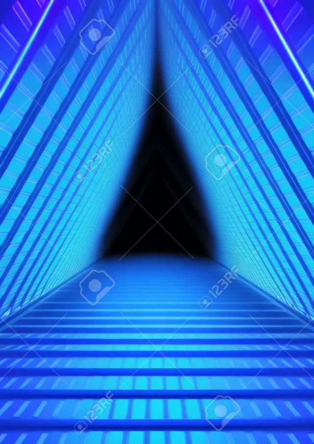 Render 3D, luces de neón azules, túnel del triángulo azul, fondo geométrico abstracto