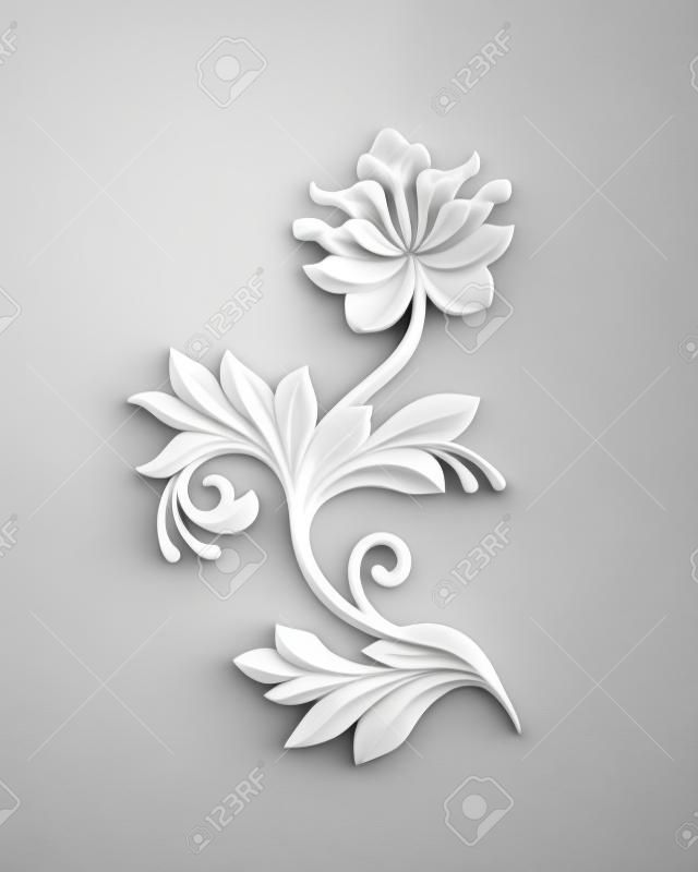 Renderuj 3D, elementy projektu kwiatu, abstrakcyjne clipart botaniczny, klasyczny wystrój architektoniczny, biały stiuk, kwiat ulgi