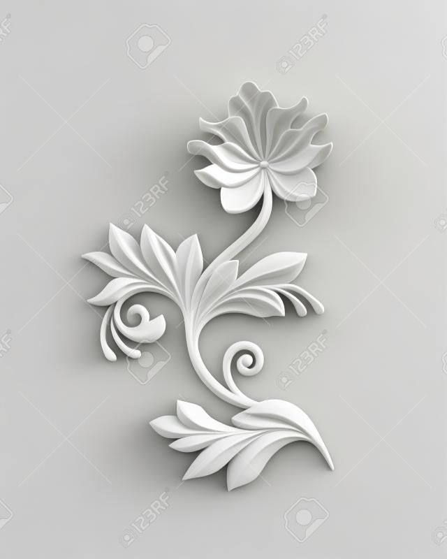 Renderuj 3D, elementy projektu kwiatu, abstrakcyjne clipart botaniczny, klasyczny wystrój architektoniczny, biały stiuk, kwiat ulgi