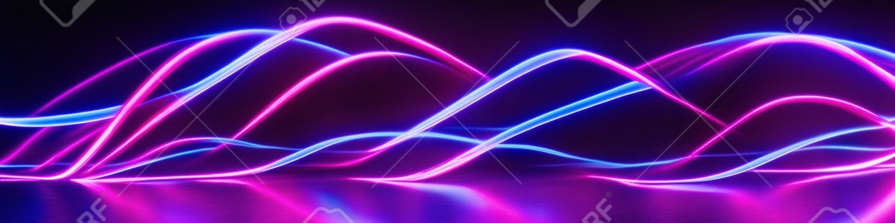 Rendering 3d, sfondo panoramico astratto con onde al neon incandescenti, luce ultravioletta, grafico equalizzatore, spettacolo laser, impulso, linee elettriche a impulsi