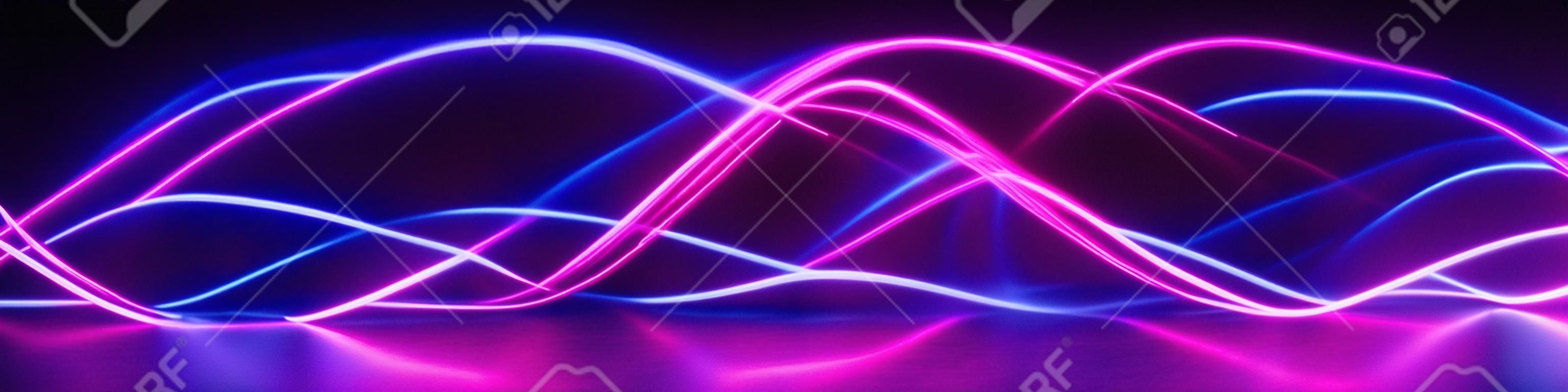 3d render, abstracte panoramische achtergrond met gloeiende neon golven, ultraviolet licht, equalizer grafiek, laser show, impuls, puls power lijnen