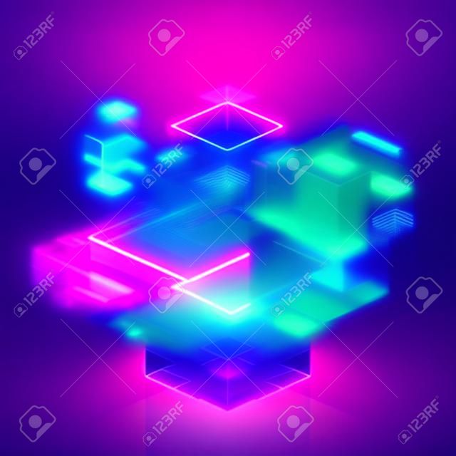 3D-Rendering, Neon-abstrakter Hintergrund, geometrische Formen in Ultraviolett, virtuelle Blaupause, rosa-blau leuchtendes Licht, Glitch-Effekt, kybernetisches System, futuristische Computertechnologie