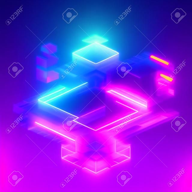 3D-Rendering, Neon-abstrakter Hintergrund, geometrische Formen in Ultraviolett, virtuelle Blaupause, rosa-blau leuchtendes Licht, Glitch-Effekt, kybernetisches System, futuristische Computertechnologie