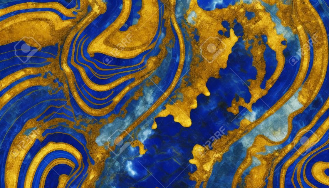 추상적인 배경 파란색 대리석 마노 화강암 모자이크, 황금 정맥, 일본 킨츠기 기술, 가짜 페인트 인공 석재 질감, 대리석 표면, 디지털 마블 그림