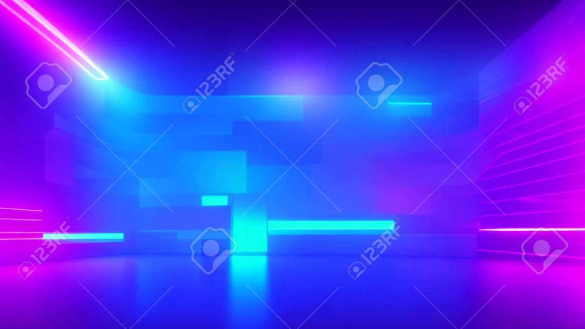 Rendering 3d, sfondo ultravioletto futuristico astratto con schermo cyber e luci al neon luminose