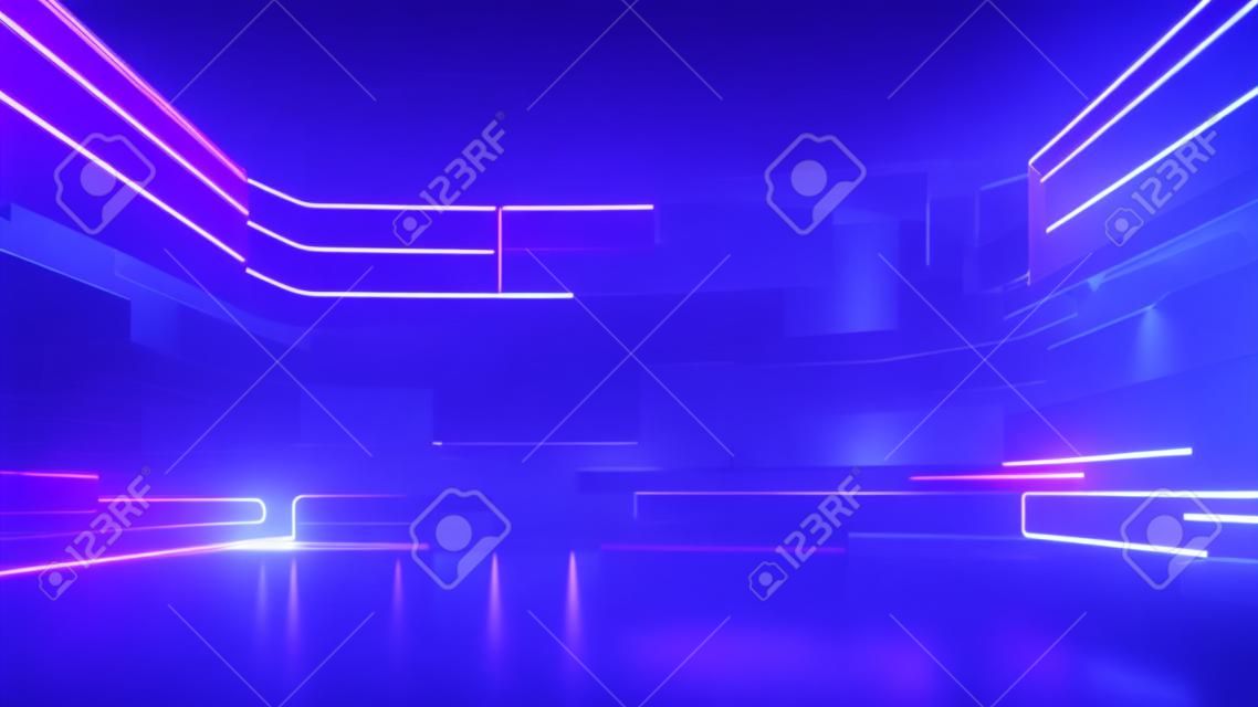 Rendering 3d, sfondo ultravioletto futuristico astratto con schermo cyber e luci al neon luminose
