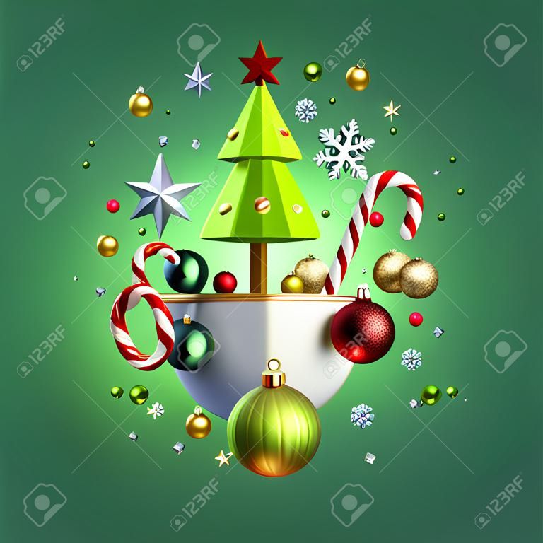 Rendering 3d di albero di Natale decorato con ornamenti festivi misti che levitano, isolati su sfondo verde. Decorazioni invernali: palline di vetro, stelle dorate, bastoncini di zucchero, palle di neve. Biglietto d'auguri.