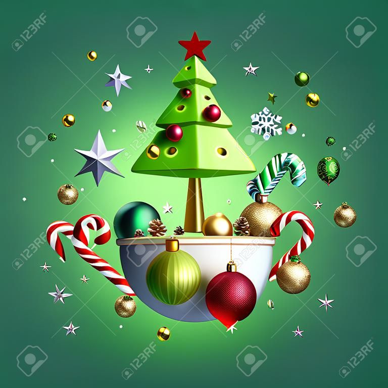 Rendering 3d di albero di Natale decorato con ornamenti festivi misti che levitano, isolati su sfondo verde. Decorazioni invernali: palline di vetro, stelle dorate, bastoncini di zucchero, palle di neve. Biglietto d'auguri.