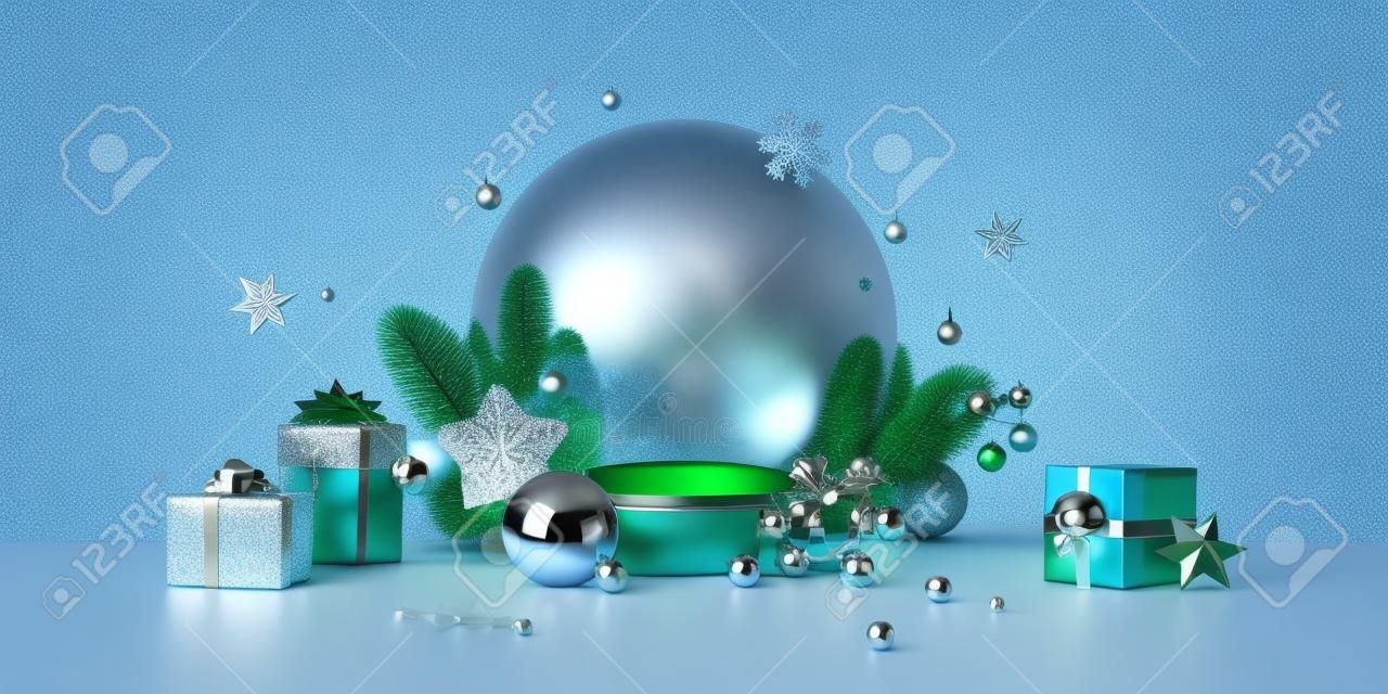 3D-Rendering, Weihnachtstapete mit leerem Mockup. Blauer Hintergrund mit leerer Glaskugel, verziert mit Ornamenten, grüner Fichte und Geschenken