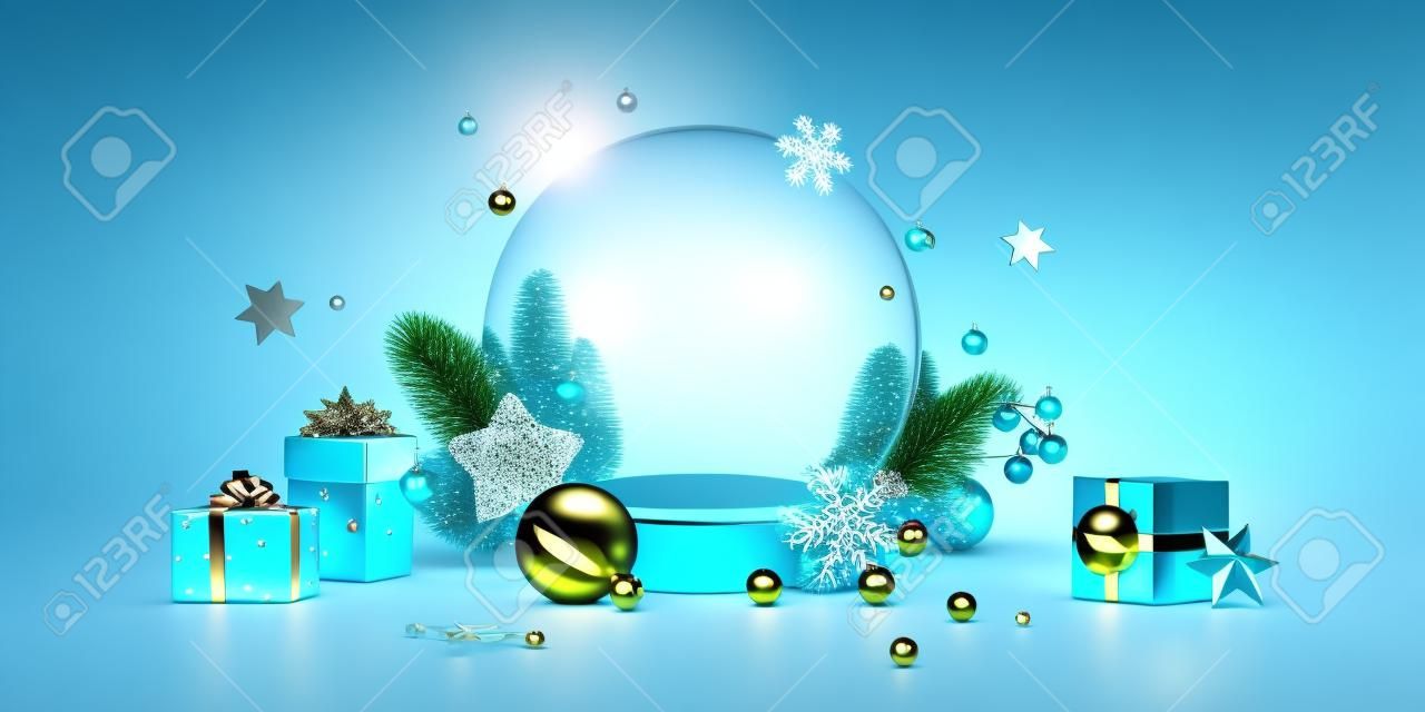 3d render, Kerst behang met blanco mockup. Blauwe achtergrond met lege glazen bal versierd met ornamenten, groene sparren en geschenken