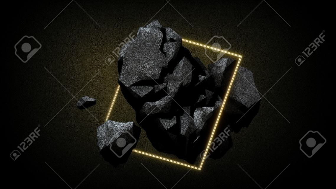 3d render, fundo preto abstrato com pedras levitando rochas com veias de ouro e molduras quadradas geométricas