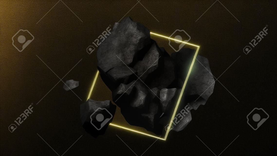 3d render, fundo preto abstrato com pedras levitando rochas com veias de ouro e molduras quadradas geométricas