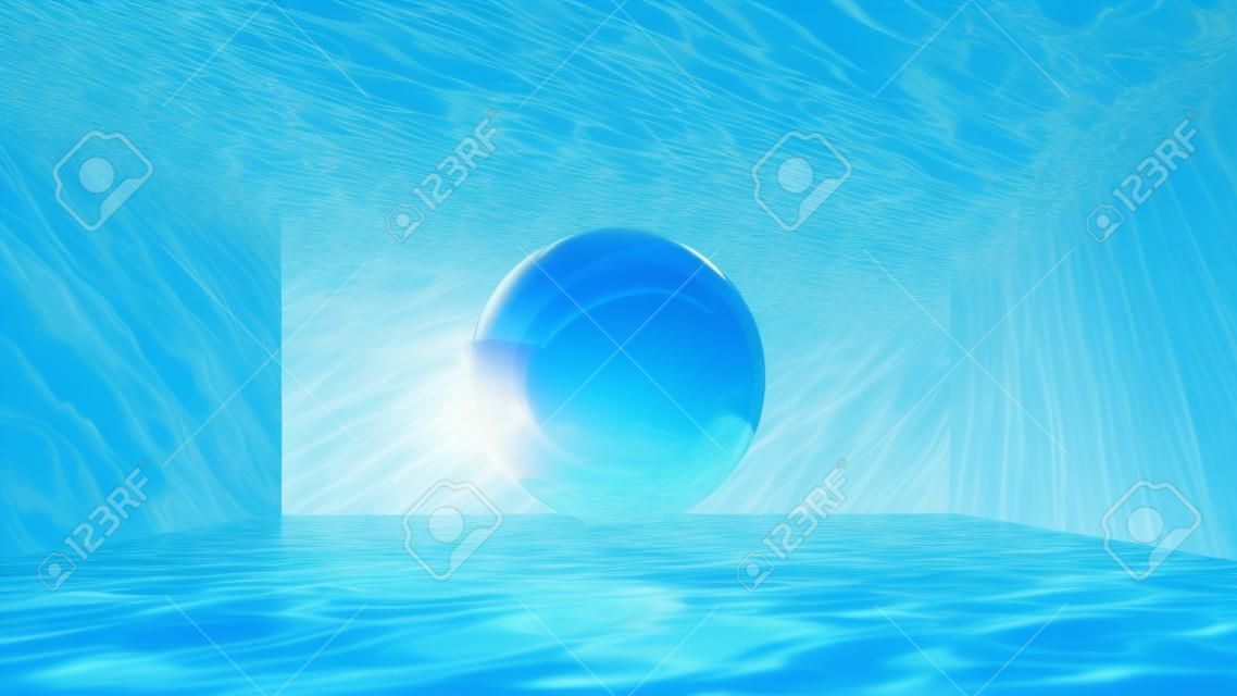 3d 렌더링, 추상 파란색 배경입니다. 수영장 내부의 물 아래에 놓인 투명한 유리 공은 액체 표면을 통과하는 태양 광선으로 조명됩니다. 수중 가성 효과