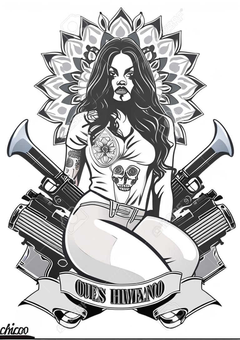 Vector illustration of a beautiful woman. Chicano tattoo style