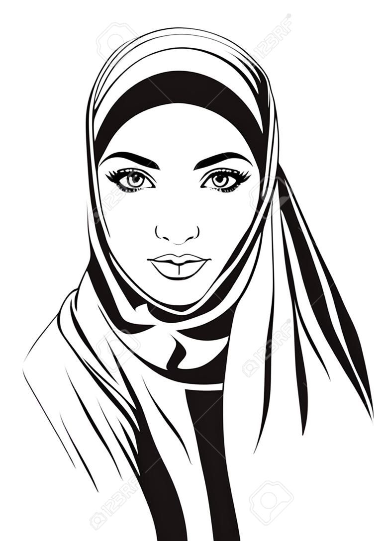 パターン ヒジャーブ、ベクトル図、手書きスタイルのイスラム教徒の美しい少女の肖像画