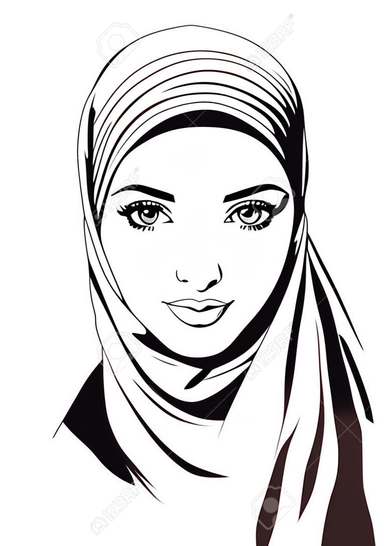Retrato de la muchacha hermosa en hijab musulmán patrón, ilustración vectorial, estilo de dibujo a mano